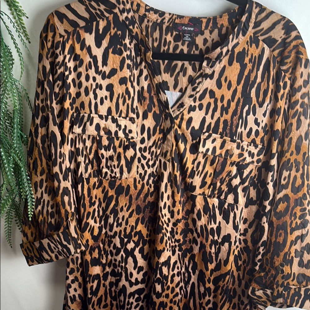 Cocomo Brown Tan Relaxed Blouse with Mandarin Collar